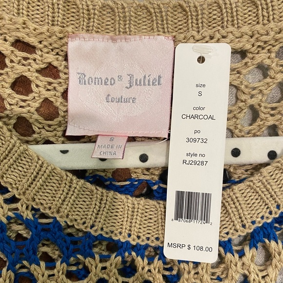 Romeo & Juliet Couture Charcoal/Tan/Blue Open Knit Long Sleeve Sweater Size S - Picture 6 of 6
